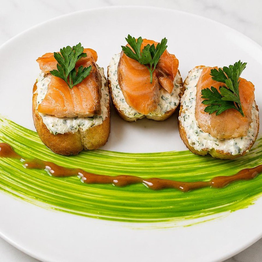 Smoked salmon and dill crostini canapé, part of an FNB Caterers tasting menu