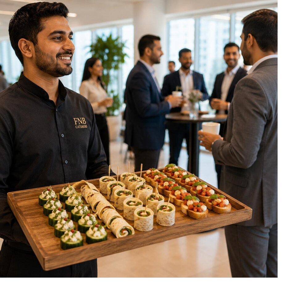 FNB Caterers server presenting canapé tray at a corporate event