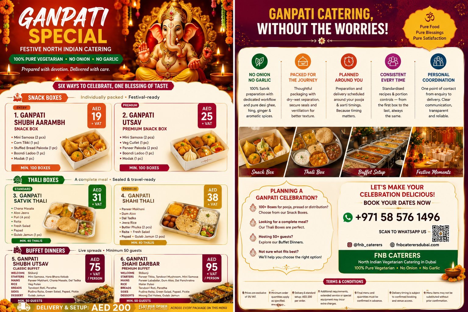 FNB Caterers Ganpati catering menu card — snack boxes, thali boxes and buffet dinner pricing