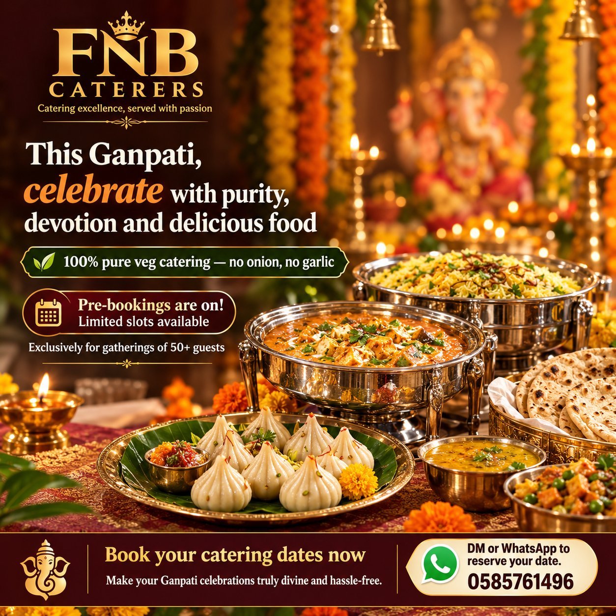 Ganesh Chaturthi home pooja catering — FNB Caterers Dubai, 100% pure vegetarian, no onion no garlic