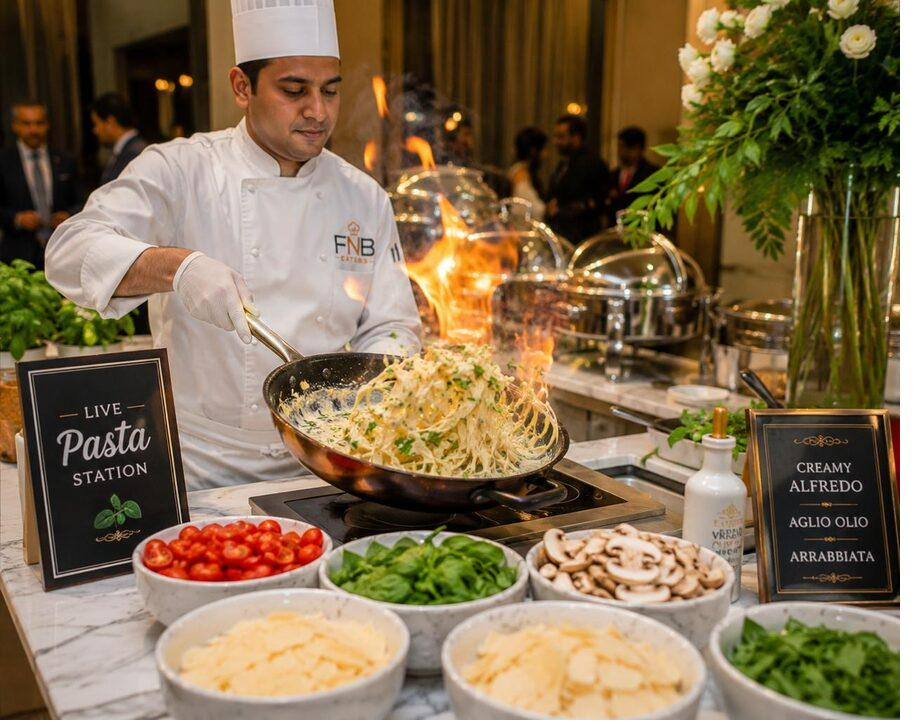 Live Pasta counter — interactive catering station in Dubai